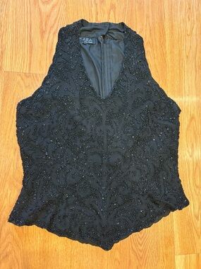 J Kara Black Beaded V-Neck Sleeveless Beaded Top (Size L)